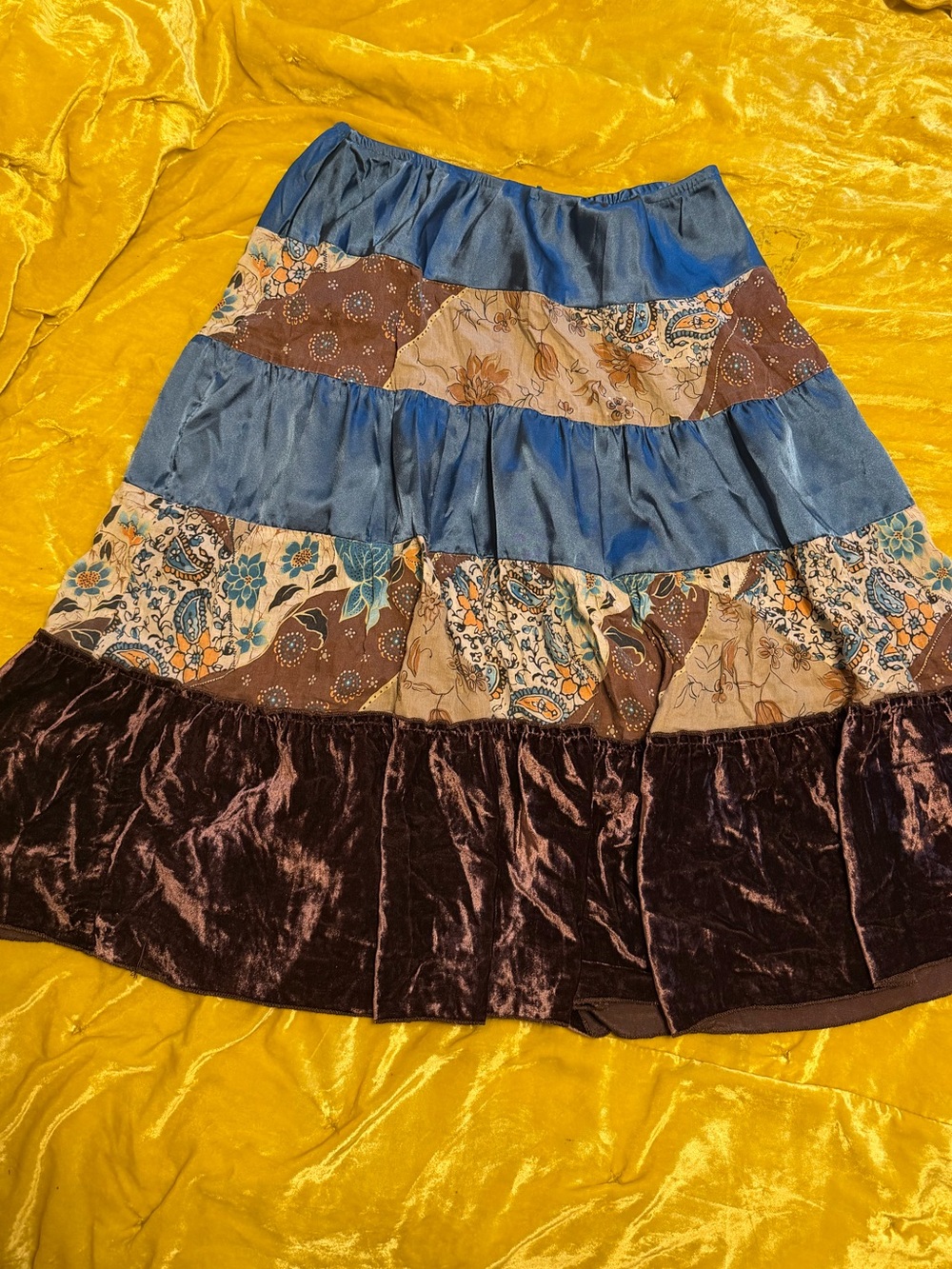 Bohemian Patchwork Tiered Midi Skirt in Blue and Brown